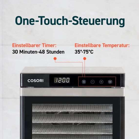 COSORI Dörrautomat edelstahl, Food Dehydrator mit 50 Rezepte, inkl. 6 Edelstahl-Dörrtabletts, 3 Dörrgitter, 3 Dörrmatte, große Fläche 0,6 m², 48 Std. Zeitschaltuhr, LED-Display (35°-75°C) und 650W
