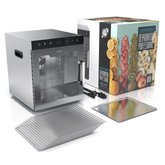 Arendo - Dörrautomat Edelstahl mit 10 Edelstahlgitter - 800 W - 35°-85°C - 10 Edelstahl Einlegetabletts mit insgesamt 8400 cm² - Dörrgerät Dehydrator Obsttrockner Dörrapparat - Obst Fleisch Pilze uvm