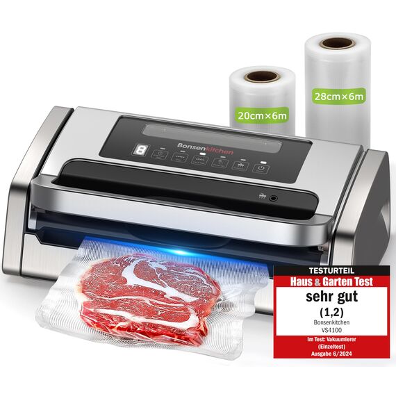 Bonsenkitchen Vakuumiergerät, Vakuumierer-15L/Min Hochleistung, Testsieger Sehr Gut, Design mit Griffverriegelung und Integrierter Schneider, inkl.2 Rollen Vakuumrollen, Silber