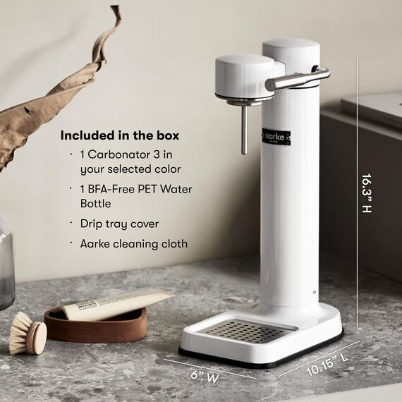 Aarke Carbonator 3 Wassersprudler, Edelstahl-Gehäuse, Sprudelwasserbereiter, inkl. BPA-freier PET-Flasche, kompatibel mit 60 L C02 Zylindern, Farbe: Weiß Finish