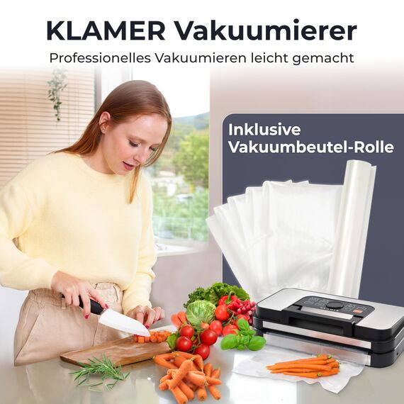 KLAMER Vakuumierer Pro 125 – Vakuumiergerät mit doppelter Versiegelung, 10 Modi für trockene & feuchte Lebensmittel, 95 kPa Druck, mit Cutter- & Rollenfach, ideal für Sous Vide & Vorratshaltung