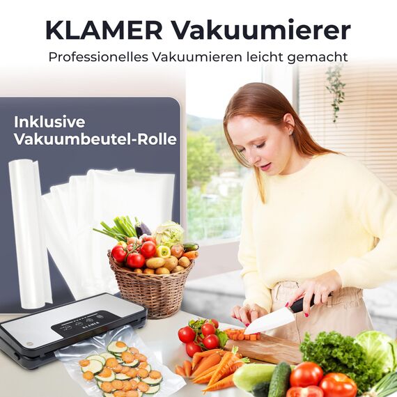 KLAMER Vakuumierer Pro 80 (2025) Test "Sehr gut" - Vakuumiergerät für trockene & feuchte Lebensmittel, für Sous Vide, inkl. Vakuumier-Beutel und Schlauch