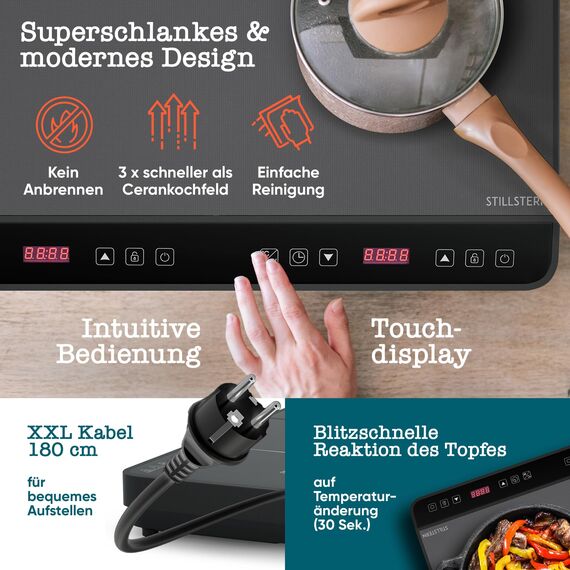Stillstern Doppel-Induktionskochfeld | Induktionskochplatte [3600W] 2 Platten Herdplatte mit Lautlos-Funk. & Turbo-Boost, 12-28cm, 18 Temp. & Leistungsstufen, 24h Timer, Induktionsherd 2er Kochplatte