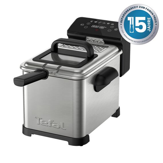 Tefal FR507D Family Pro Digital Elektrische Fritteuse | 4 L Öl-Kapazität | Kühlzonen-Technologie | spülmaschinenfeste Teile | digitaler LED-Bildschirm mit Touch-Panel | Schwarz/Edelstahl