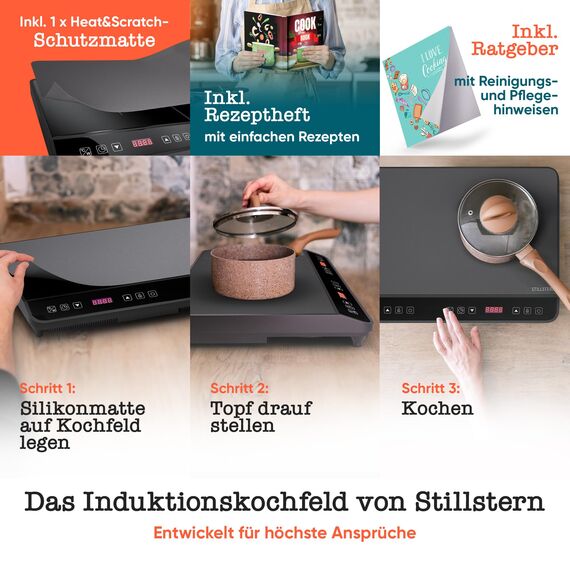 Stillstern Doppel-Induktionskochfeld | Induktionskochplatte [3600W] 2 Platten Herdplatte mit Lautlos-Funk. & Turbo-Boost, 12-28cm, 18 Temp. & Leistungsstufen, 24h Timer, Induktionsherd 2er Kochplatte