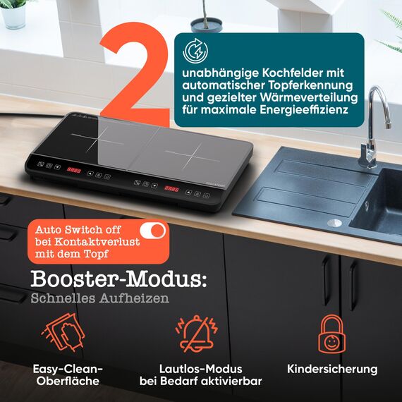 Stillstern Doppel-Induktionskochfeld | Induktionskochplatte [3600W] 2 Platten Herdplatte mit Lautlos-Funk. & Turbo-Boost, 12-28cm, 18 Temp. & Leistungsstufen, 24h Timer, Induktionsherd 2er Kochplatte