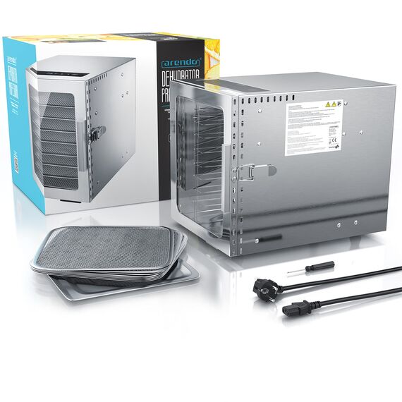 Arendo - Edelstahl Dörrautomat 8 fach - 500 Watt mit Temperaturregler - Dörrgerät für Lebensmittel Fleisch Früchte Obst Pilze - Timer bis zu 24 h - 8 Einlegefächer - GS - Dehydrator