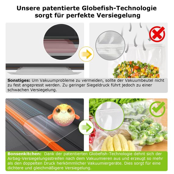 Bonsenkitchen Vakuumiergerät, Vakuumierer-15L/Min Hochleistung, Testsieger Sehr Gut, Nachhaltigkeitszertifizierung, Design mit Griffverriegelung und Integrierter Schneider, inkl.2 Rollen Vakuumrollen