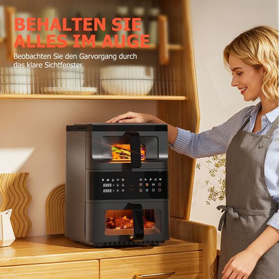 Heißluftfritteuse Doppelstapel mit Sichtfenster, Double Stack Kammern 10L Airfryer,10-in-1 Voreingestellten Programmen, Touchscreen, Intelligente und Timer, Energiesparend, Friteuse ohne Öl, Schwarz