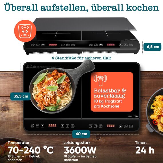 Stillstern Doppel-Induktionskochfeld | Induktionskochplatte [3600W] 2 Platten Herdplatte mit Lautlos-Funk. & Turbo-Boost, 12-28cm, 18 Temp. & Leistungsstufen, 24h Timer, Induktionsherd 2er Kochplatte