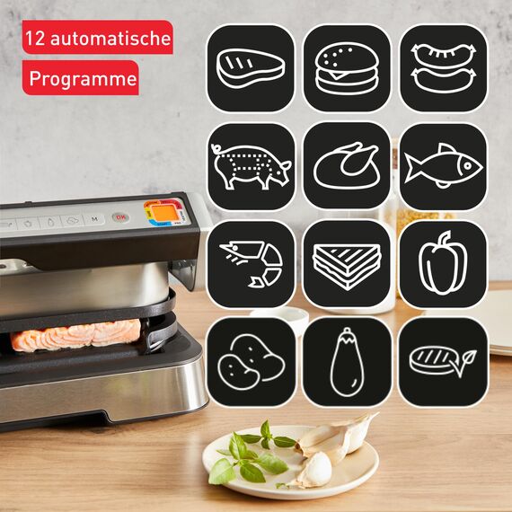 Tefal OptiGrill 2in1 XL Kontaktgrill, Aufklappbar, Tischgrill, 12 Programme, Garstufenanzeige, Abnehmbare XL-Platten, Elektrogrill, GC782D10