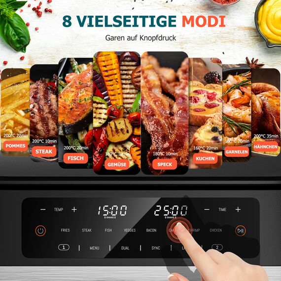 Heißluftfritteuse mit Sichtfenster,12L Kapazität XXXL Einstellbar Airfryer,10-in-1 Voreingestellten Programmen, Touchscreen, Intelligente Synchronisierung und Timer, Energiesparend, Friteuse ohne Öl
