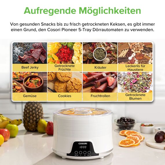 COSORI Dörrautomat für mehr Möglichkeiten, Food Dehydrator mit 5 stapelbaren und herausnehmbaren Tabletts, Einstellbare Höhe, Temperaturregelung(35-75℃), BPA-frei, 350W,Weiß