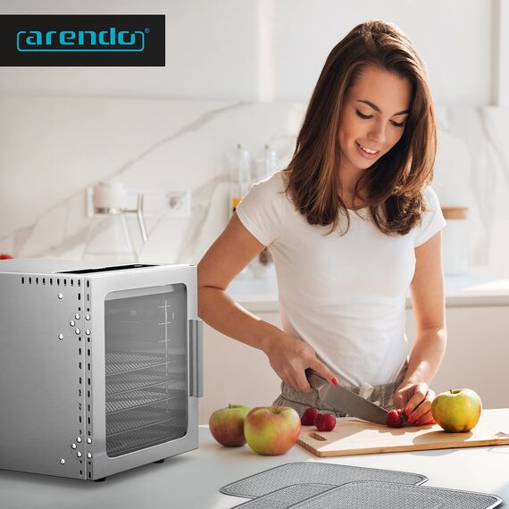 Arendo - Edelstahl Dörrautomat 8 fach - 500 Watt mit Temperaturregler - Dörrgerät für Lebensmittel Fleisch Früchte Obst Pilze - Timer bis zu 24 h - 8 Einlegefächer - GS - Dehydrator