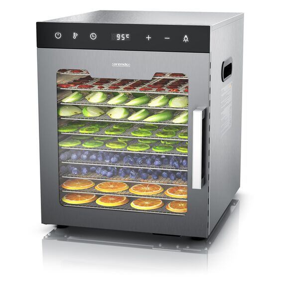 Arendo - Dörrautomat Edelstahl mit 10 Edelstahlgitter - 800 W - 35°-85°C - 10 Edelstahl Einlegetabletts mit insgesamt 8400 cm² - Dörrgerät Dehydrator Obsttrockner Dörrapparat - Obst Fleisch Pilze uvm