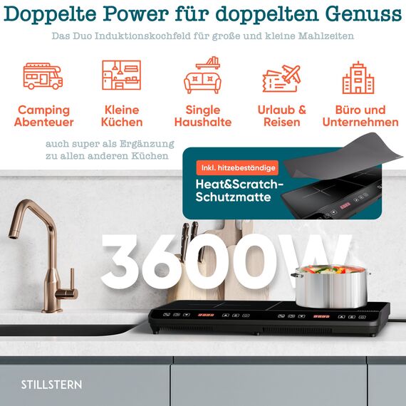 Stillstern Doppel-Induktionskochfeld | Induktionskochplatte [3600W] 2 Platten Herdplatte mit Lautlos-Funk. & Turbo-Boost, 12-28cm, 18 Temp. & Leistungsstufen, 24h Timer, Induktionsherd 2er Kochplatte