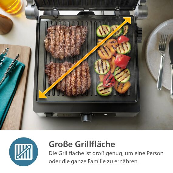 Philips Kontaktgrill - Einstellbare Temperatur 60°C-200°C. 180° aufklappbar. Große Grillfläche und High Power-Leistung. Abnehmbare Antihaft-Platten und Fettauffangschale. (HD6301/90)