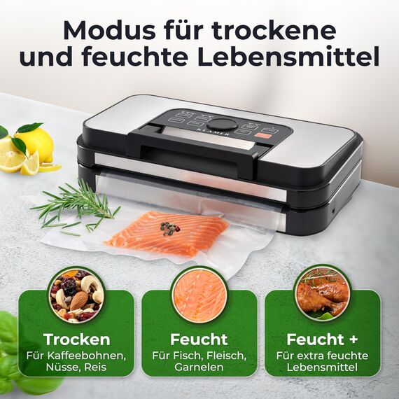 KLAMER Vakuumierer Pro 125 – Vakuumiergerät mit doppelter Versiegelung, 10 Modi für trockene & feuchte Lebensmittel, 95 kPa Druck, mit Cutter- & Rollenfach, ideal für Sous Vide & Vorratshaltung