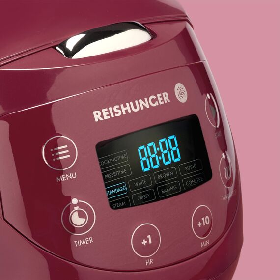 REISHUNGER Digitaler Reiskocher klein, bordeaux | 0,6 L bis 3 Personen | Warmhaltefunktion, Timer & Premium Topf | Kleiner Multikocher & Dampfgarer, 8 Programme, 7-Phasen-Technologie