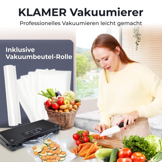 KLAMER Vakuumierer Pro 80 (2025) Test "Sehr gut" - Vakuumiergerät für trockene & feuchte Lebensmittel, für Sous Vide, inkl. Vakuumier-Beutel und Schlauch