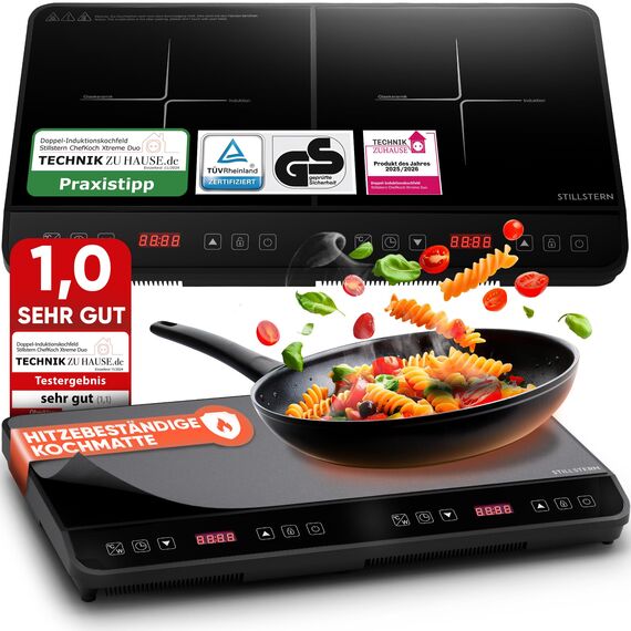 Stillstern Doppel-Induktionskochfeld | Induktionskochplatte [3600W] 2 Platten Herdplatte mit Lautlos-Funk. & Turbo-Boost, 12-28cm, 18 Temp. & Leistungsstufen, 24h Timer, Induktionsherd 2er Kochplatte