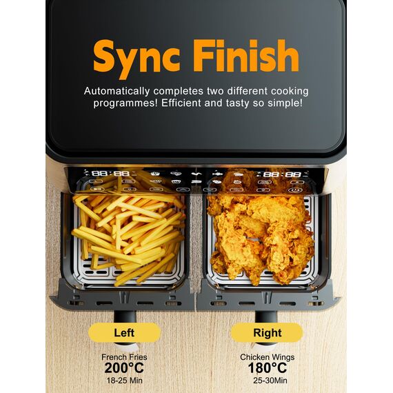 Heißluftfritteuse 2 Kammern mit Sichtfenster,10L Dual Zone XXL Airfryer,10-in-1 Voreingestellten Programmen, Touchscreen, Intelligente Synchronisierung und Timer, Energiesparend, Friteuse ohne Öl