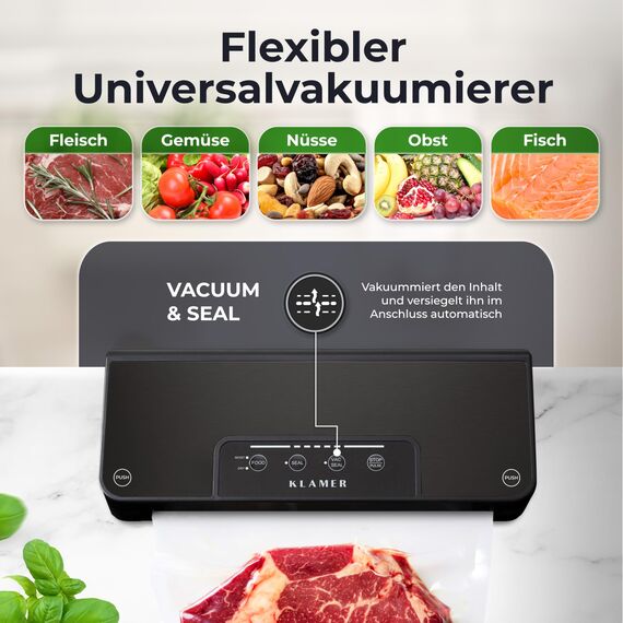 KLAMER Vakuumierer Pro 80 (2025) Test "Sehr gut" - Vakuumiergerät für trockene & feuchte Lebensmittel, für Sous Vide, inkl. Vakuumier-Beutel und Schlauch