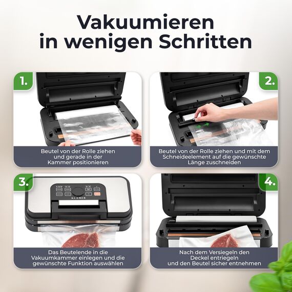 KLAMER Vakuumierer Pro 125 – Vakuumiergerät mit doppelter Versiegelung, 10 Modi für trockene & feuchte Lebensmittel, 95 kPa Druck, mit Cutter- & Rollenfach, ideal für Sous Vide & Vorratshaltung
