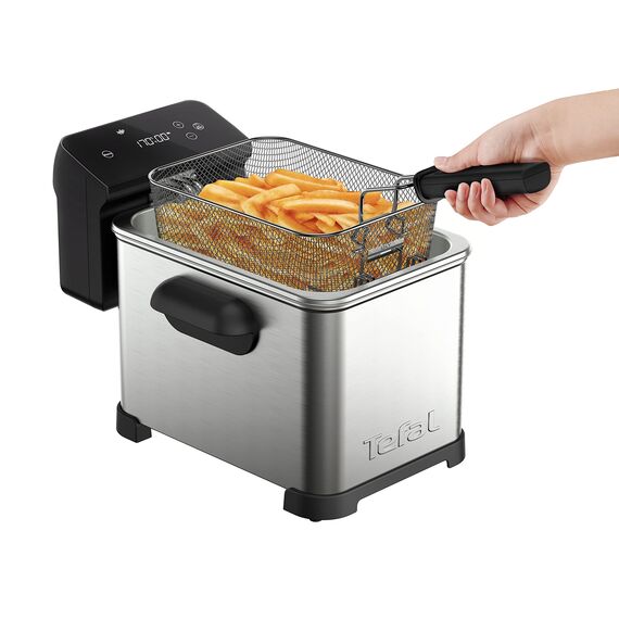 Tefal FR507D Family Pro Digital Elektrische Fritteuse | 4 L Öl-Kapazität | Kühlzonen-Technologie | spülmaschinenfeste Teile | digitaler LED-Bildschirm mit Touch-Panel | Schwarz/Edelstahl