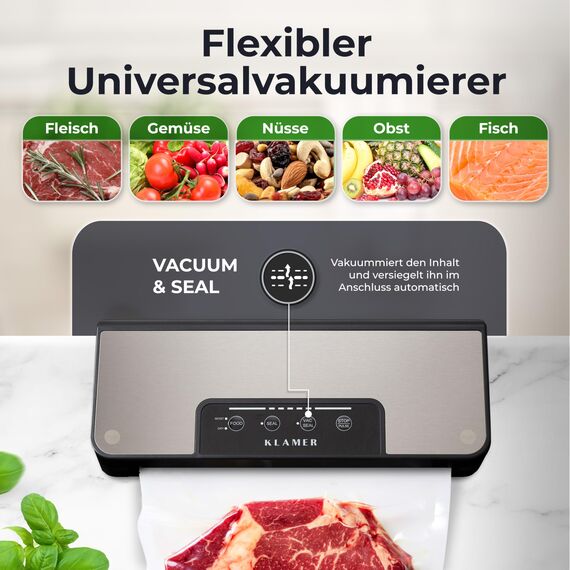 KLAMER Vakuumierer Pro 80 (2025) Test "Sehr gut" - Vakuumiergerät für trockene & feuchte Lebensmittel, für Sous Vide, inkl. Vakuumier-Beutel und Schlauch
