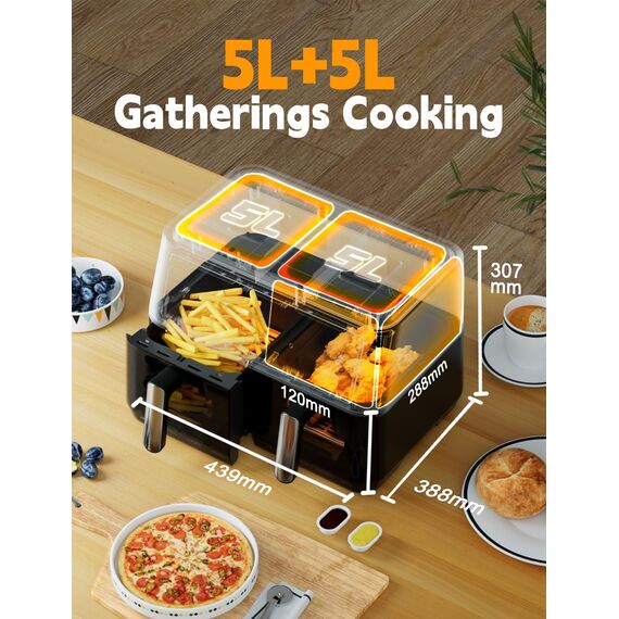 Heißluftfritteuse 2 Kammern mit Sichtfenster,10L Dual Zone XXL Airfryer,10-in-1 Voreingestellten Programmen, Touchscreen, Intelligente Synchronisierung und Timer, Energiesparend, Friteuse ohne Öl