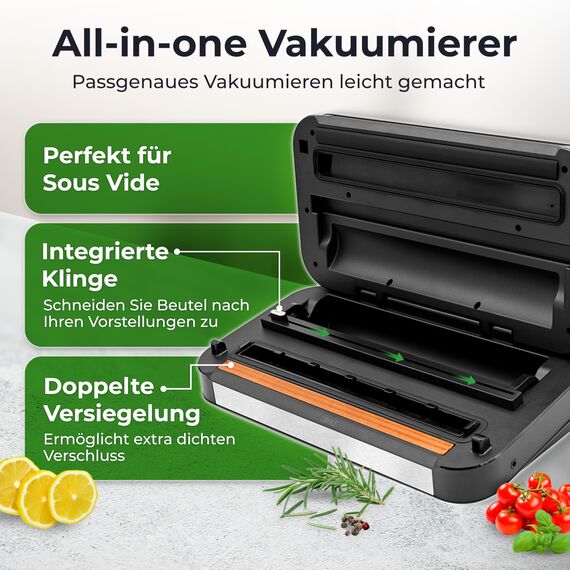 KLAMER Vakuumierer Pro 125 – Vakuumiergerät mit doppelter Versiegelung, 10 Modi für trockene & feuchte Lebensmittel, 95 kPa Druck, mit Cutter- & Rollenfach, ideal für Sous Vide & Vorratshaltung