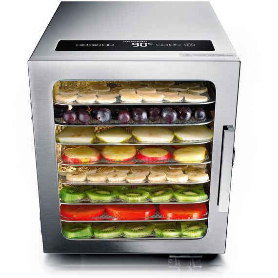 Arendo - Edelstahl Dörrautomat 8 fach - 500 Watt mit Temperaturregler - Dörrgerät für Lebensmittel Fleisch Früchte Obst Pilze - Timer bis zu 24 h - 8 Einlegefächer - GS - Dehydrator