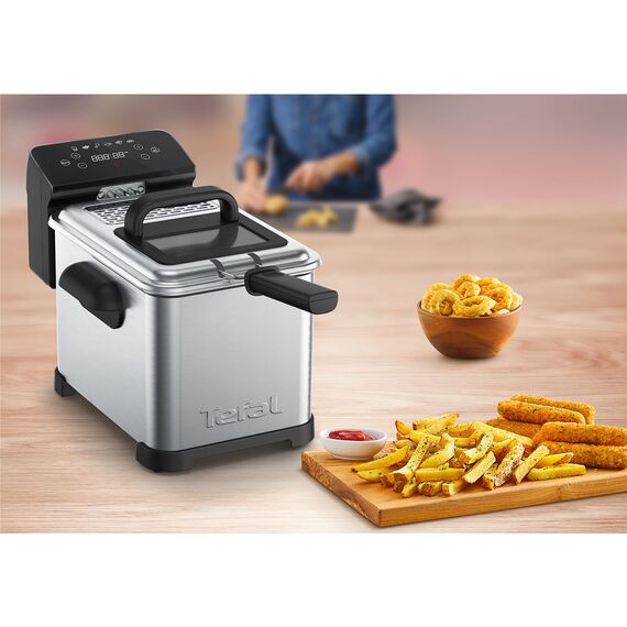 Tefal FR507D Family Pro Digital Elektrische Fritteuse | 4 L Öl-Kapazität | Kühlzonen-Technologie | spülmaschinenfeste Teile | digitaler LED-Bildschirm mit Touch-Panel | Schwarz/Edelstahl
