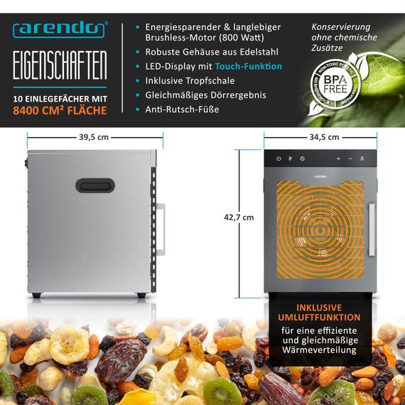Arendo - Dörrautomat Edelstahl mit 10 Edelstahlgitter - 800 W - 35°-85°C - 10 Edelstahl Einlegetabletts mit insgesamt 8400 cm² - Dörrgerät Dehydrator Obsttrockner Dörrapparat - Obst Fleisch Pilze uvm