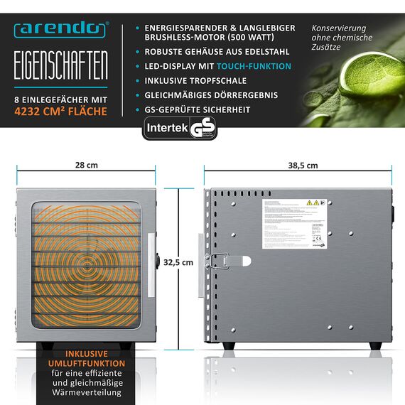 Arendo - Edelstahl Dörrautomat 8 fach - 500 Watt mit Temperaturregler - Dörrgerät für Lebensmittel Fleisch Früchte Obst Pilze - Timer bis zu 24 h - 8 Einlegefächer - GS - Dehydrator