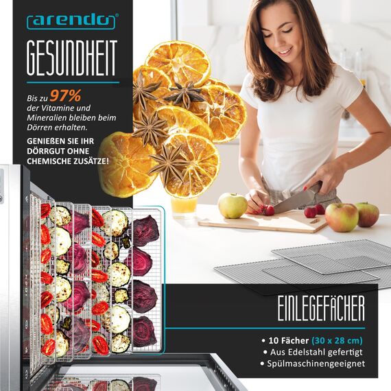 Arendo - Dörrautomat Edelstahl mit 10 Edelstahlgitter - 800 W - 35°-85°C - 10 Edelstahl Einlegetabletts mit insgesamt 8400 cm² - Dörrgerät Dehydrator Obsttrockner Dörrapparat - Obst Fleisch Pilze uvm