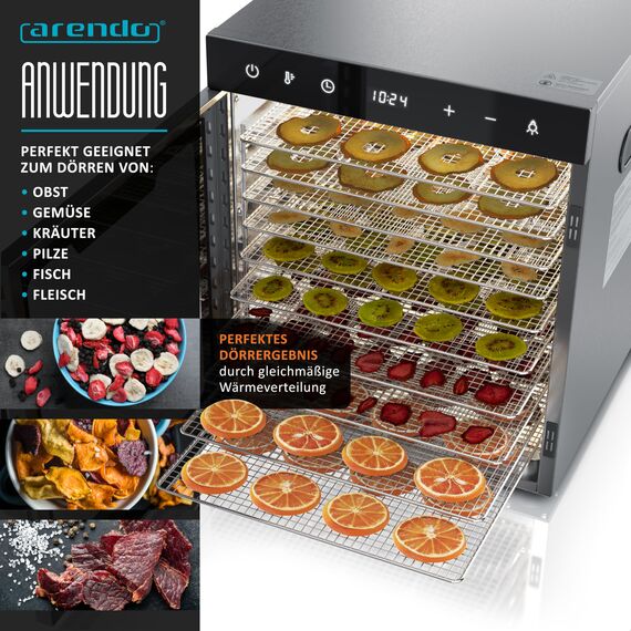 Arendo - Dörrautomat Edelstahl mit 10 Edelstahlgitter - 800 W - 35°-85°C - 10 Edelstahl Einlegetabletts mit insgesamt 8400 cm² - Dörrgerät Dehydrator Obsttrockner Dörrapparat - Obst Fleisch Pilze uvm