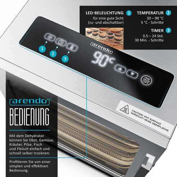 Arendo - Edelstahl Dörrautomat 8 fach - 500 Watt mit Temperaturregler - Dörrgerät für Lebensmittel Fleisch Früchte Obst Pilze - Timer bis zu 24 h - 8 Einlegefächer - GS - Dehydrator