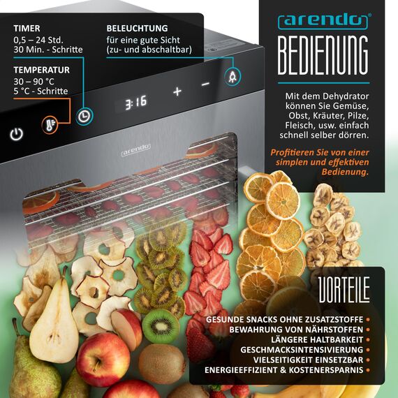 Arendo - Dörrautomat Edelstahl mit 10 Edelstahlgitter - 800 W - 35°-85°C - 10 Edelstahl Einlegetabletts mit insgesamt 8400 cm² - Dörrgerät Dehydrator Obsttrockner Dörrapparat - Obst Fleisch Pilze uvm