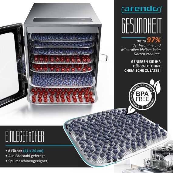Arendo - Edelstahl Dörrautomat 8 fach - 500 Watt mit Temperaturregler - Dörrgerät für Lebensmittel Fleisch Früchte Obst Pilze - Timer bis zu 24 h - 8 Einlegefächer - GS - Dehydrator