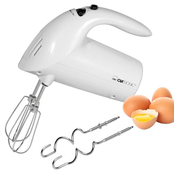 Clatronic elektrischer Handmixer | 250 Watt Motor | 5 Geschwindigkeitsstufen | Auswurftaste | robuste Edelstahlquirle und -knethaken | Spülmaschinengeeignet | HM 3014 weiß
