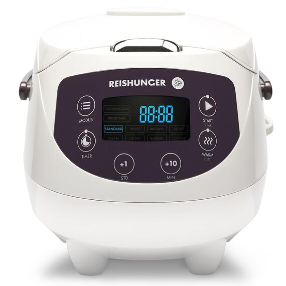 REISHUNGER Digitaler Reiskocher klein, weiß | 0,6 L bis 3 Personen | Warmhaltefunktion, Timer & Premium Topf | Kleiner Multikocher & Dampfgarer, 8 Programme, 7-Phasen-Technologie