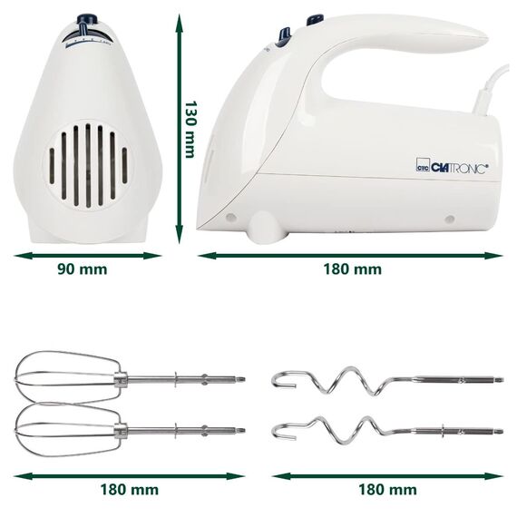 Clatronic elektrischer Handmixer | 250 Watt Motor | 5 Geschwindigkeitsstufen | Auswurftaste | robuste Edelstahlquirle und -knethaken | Spülmaschinengeeignet | HM 3014 weiß