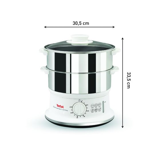 Tefal Dampfgarer elektrisch, 2 Edelstahlbehälter, 6L Fassungsvermögen, Dampfkocher mit 24cm Durchmesser, Timer und automatische Abschaltung, 900W, weiß, VC1451