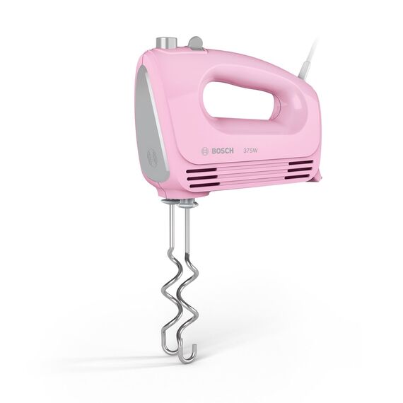 Bosch Handrührgerät, 2 Rührbesen, 2 Knethaken, Edelstahl, spülmaschinenfest, 4 Stufen, leicht, leise, 375 W, farbig, rosa/grau, CleverMixx MFQ2210K