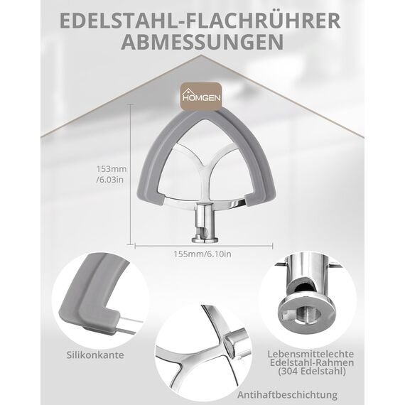 HOMGEN Flachrührer-Aufsatz aus Edelstahl für KitchenAid 4,5-5 Quart Kitchenaid Standmixer mit kippbarem Kopf, Ersatzschläger, Zubehör mit Haken