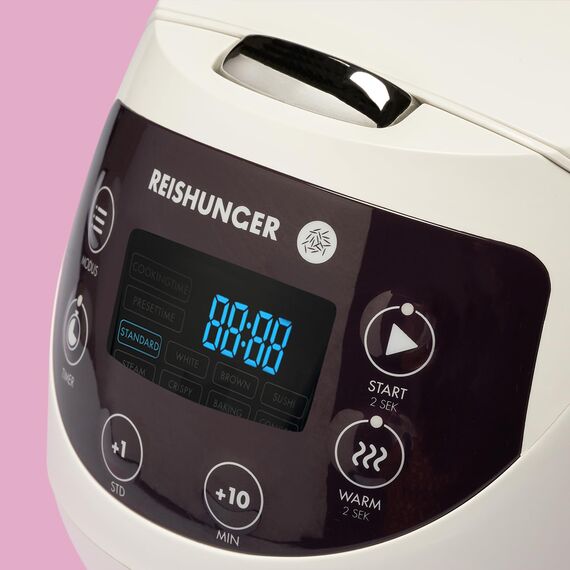 REISHUNGER Digitaler Reiskocher klein, weiß | 0,6 L bis 3 Personen | Warmhaltefunktion, Timer & Premium Topf | Kleiner Multikocher & Dampfgarer, 8 Programme, 7-Phasen-Technologie