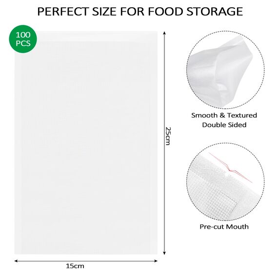 Fousenuk Vakuumierbeutel, 100 Beutel Vakuumbeutel Lebensmittel 15cmx25cm Premium, Folienbeutel für Jedes Folienschweißgerät Vakuumiergerät, Bpa-frei, Wiederverwendbar Sous Vide Gefrierbeutel Stark und