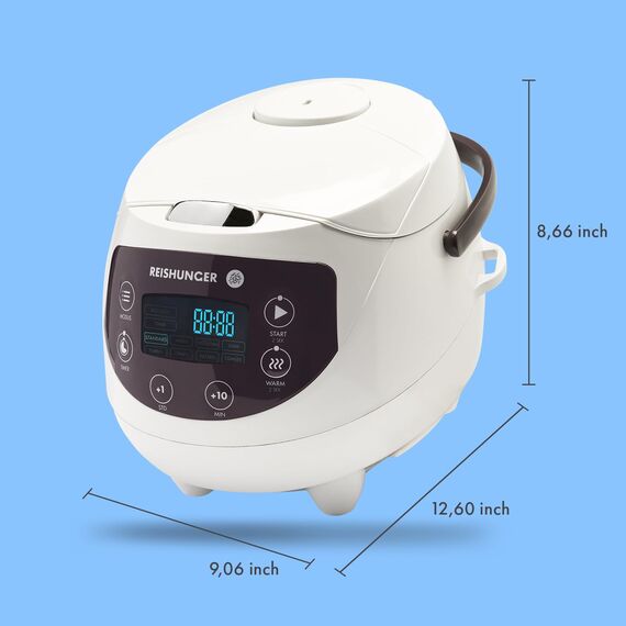 REISHUNGER Digitaler Reiskocher klein, weiß | 0,6 L bis 3 Personen | Warmhaltefunktion, Timer & Premium Topf | Kleiner Multikocher & Dampfgarer, 8 Programme, 7-Phasen-Technologie